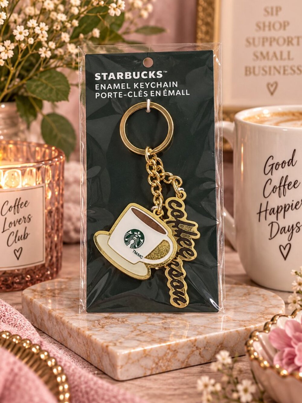 Starbucks Gold "Coffee Person" Enamel Keychain NWT